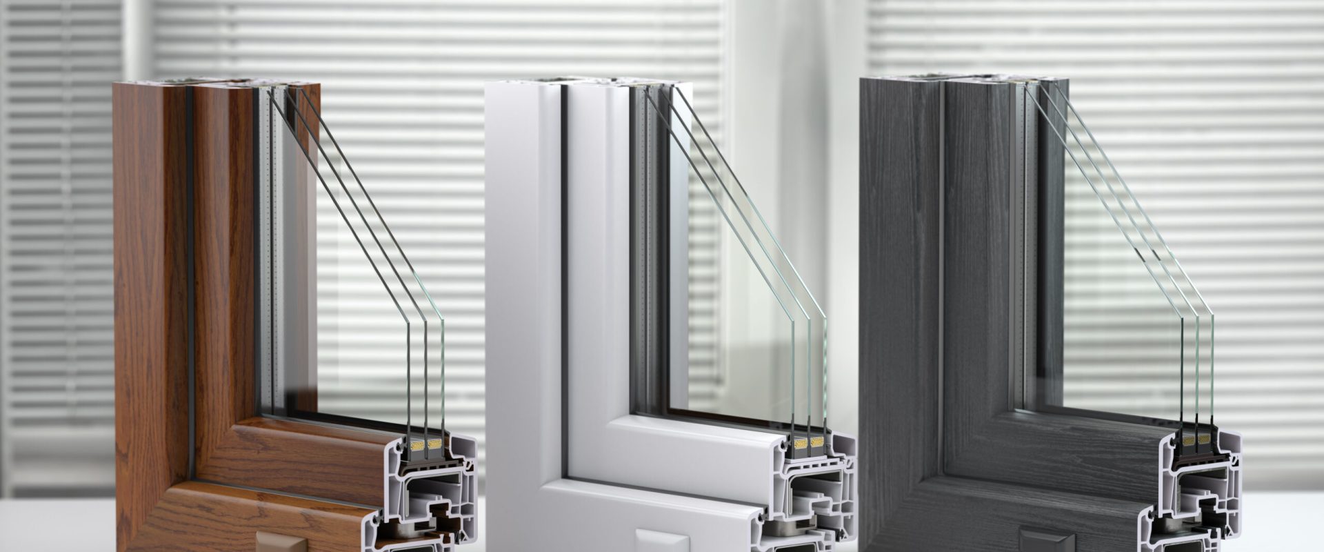 Plastic windows profile PVC of different colors in section on the table in office. 3d illustration